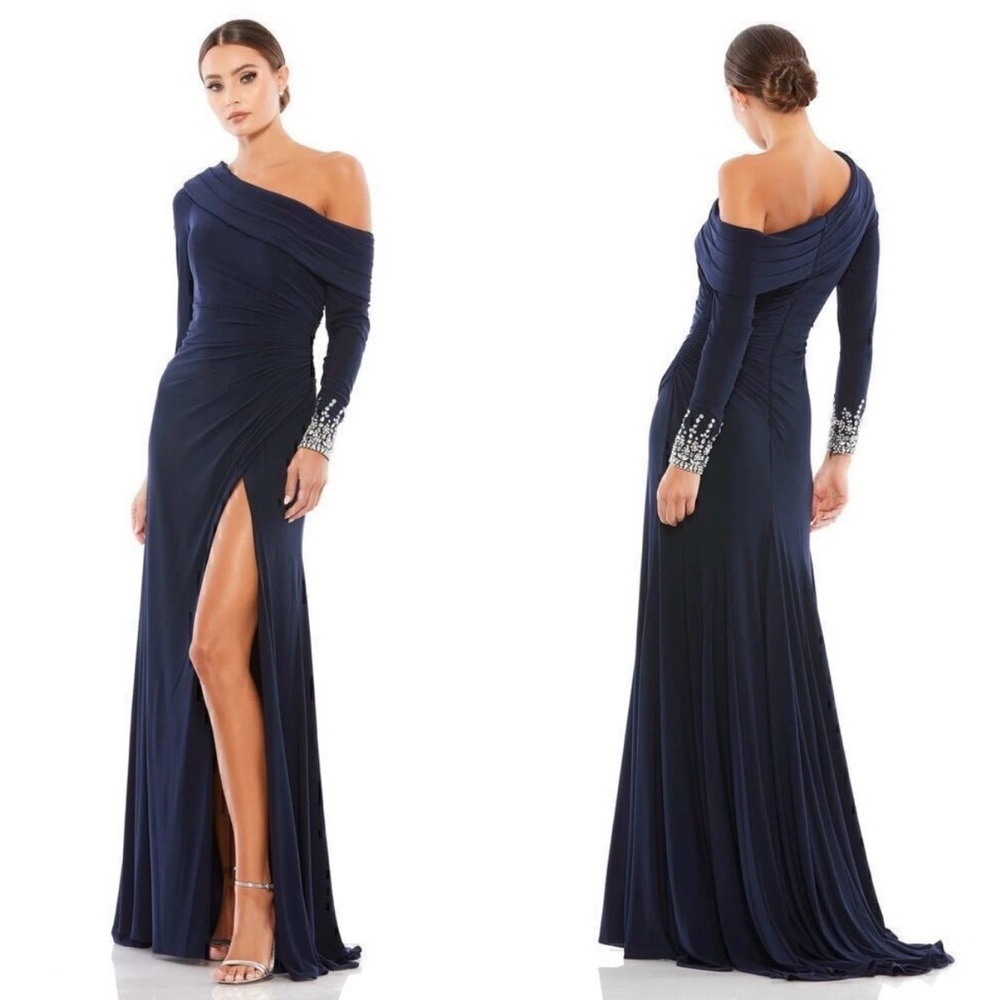 NWT Mac Duggal Dress 14 Navy Beaded Cuff Drop Shoulder Faux Wrap Gown 123231